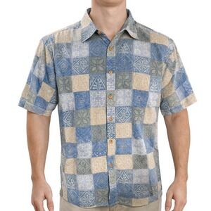 Cooke Street Hawaiian Aloha‎ Shirt 2XL Reverse Print Tribal Symbols Pale Blue